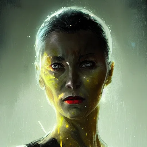 Image similar to portrait of a woman by greg rutkowski, a woman with yellow skin, black lips wearing black robes and a hodd, evil energy, star wars expanded universe, she is about 6 0 years old, highly detailed portrait, digital painting, artstation, concept art, smooth, sharp foccus ilustration, artstation hq