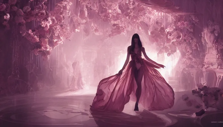 Image similar to victoria secret runway show, light, shadows, reflections, flowers, epic composition, intricate, elegant, volumetric lighting, digital painting, highly detailed, artstation, sharp focus, illustration, concept art, ruan jia, steve mccurry, artgerm, greg rutkowski, mina petrovic, timothy kong, marina federovna, masterpiece, iconic