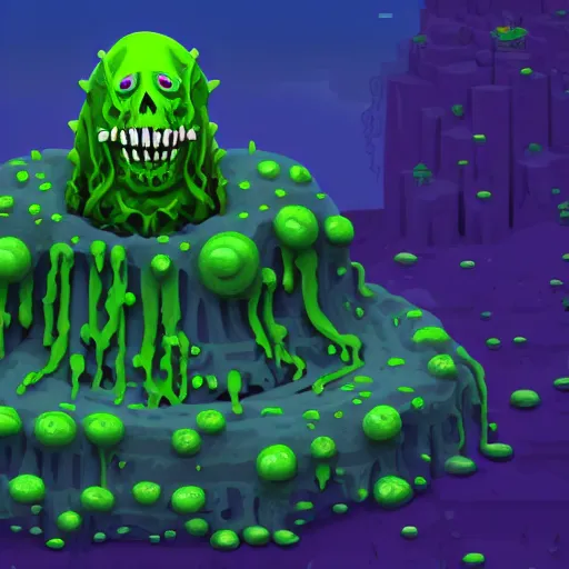 Image similar to slime lord king of the slime universe, skeleton, full body included, wide shot, 1 4 mm lens, f 2. 8, goopy, goop, fluids, soft tissue, subsurface scattering, reflections, ambient occlusion, raytracing, unreal engine 5, pixel art 8 - bit, by beeple