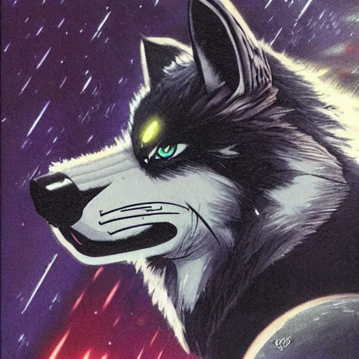 Image similar to 1 9 8 0 s video game art portrait of anthropomorphic wolf o'donnell from starfox fursona furry dark grey wolf in a dark space mercenary uniform, looking heroic, magazine scan, 8 0 s game box art, dark grey wolf o'donnell