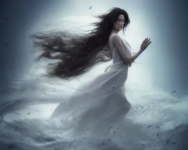 Image similar to olivia swirling into a water tornado that turns into a dress, 3 d animation, black hair, freckles, pale skin, photo by greg rutkowski, female beauty, intricate detail, elegance, sharp shapes, soft lighting, masterpiece