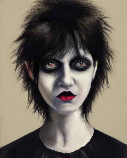 Image similar to A goth portrait painted by Dan Witz. Her hair is dark brown and cut into a short, messy pixie cut. She has a slightly rounded face, with a pointed chin, large entirely-black eyes, and a small nose. She is wearing a black tank top, a black leather jacket, a black knee-length skirt, a black choker, and black leather boots.