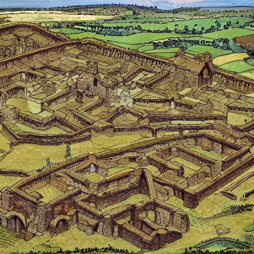 Image similar to a sprawling pictish settlement built around roman ruins in the english countryside, dark ages, 8 th century, by james gurney