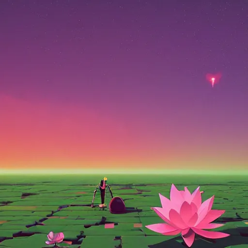 Image similar to a huge lotus in the center of a meadow of various colors. bright sunny day, in the style of katamari damacy, scattered glowing pink fireflies, soft vaporwave liminal aesthetic. 3 d blender by tomer hanuka, greg rutkowski, beeple, sharp focus, digital painting, concept art