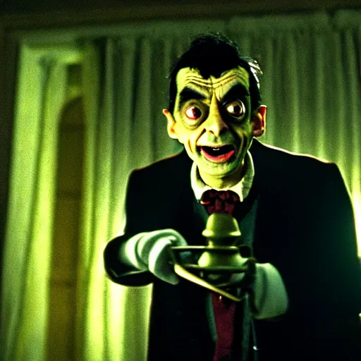 Prompt: mr. bean as frankensteins monster. movie still. cinematic lighting.