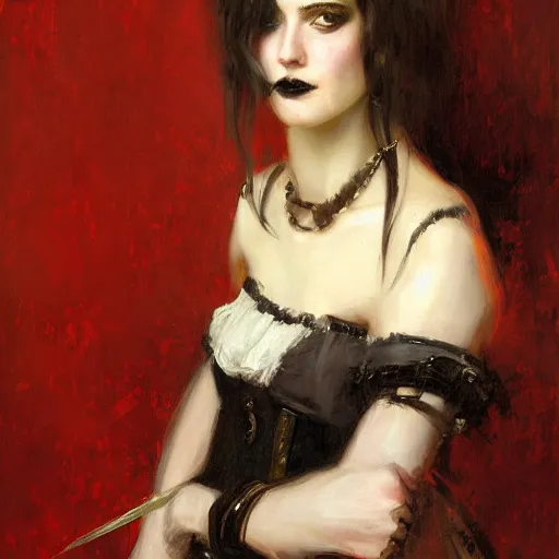 Image similar to Solomon Joseph Solomon and Richard Schmid and Jeremy Lipking victorian genre painting portrait painting of a young beautiful woman punk rock goth girl pirate wench in fantasy costume, red background