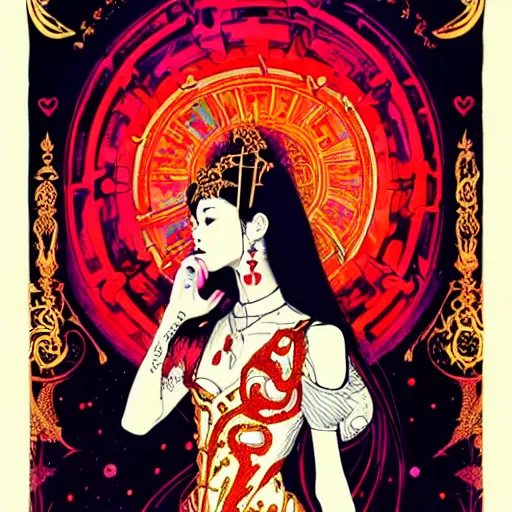 Image similar to jisoo + blackpink + elements + red + gold + neon + baroque + rococo + white + orange + ink + tarot card, ornate + by marc simonetti, paul pope, peter mohrbacher, detailed, intricate ink illustration + damask + award winning + 8 k