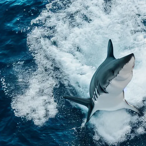 Prompt: a shark smiling at the camera, a photograph I took from above the boat