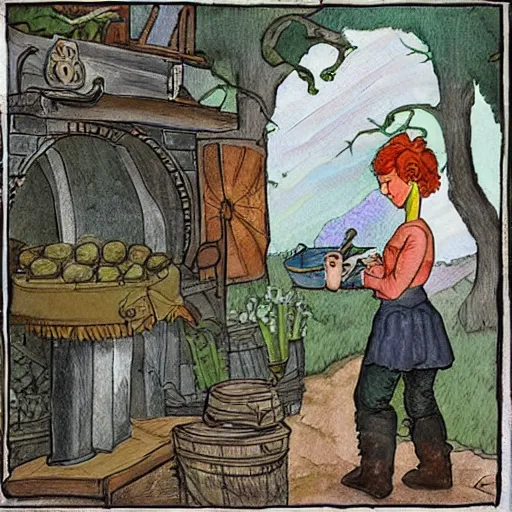 Image similar to the blacksmits’ daughter, working in the forge, fantasy art in the style of Elsa Beskow,