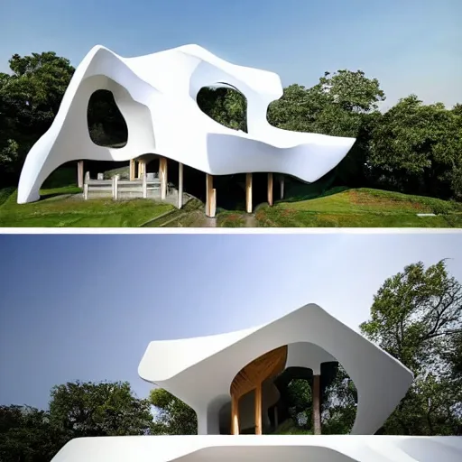 Image similar to evolving fractal, flowing white architectural Villa, futuristic 3D, voronoi pattern of a timber-frame pool pavilion with magnolias on the roof has its own guest entry and distinct areas for cooking, dining, and relaxing, the dining rotunda has a built-in pizza oven and a custom-designed table to accommodate eight to 16 people, the center section of the structure features the kitchen and bar, the lounge rotunda provides a covered seating area located adjacent to the fireplace, the pavilion’s ceiling has a floral motif that mimics a magnolia tree near the pool slide, sun rays through the pavilion structure, lush botanical trees, prairie landscaping, sunrise, golden hour, illuminated pool, fluffy clouds