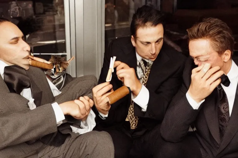 Image similar to cats in suits smoking cigars together