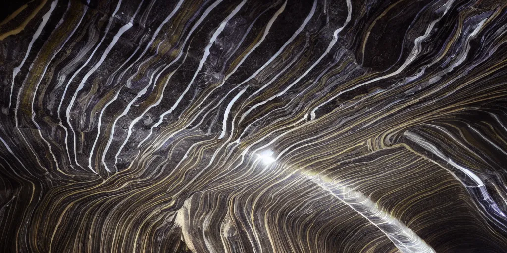 Image similar to a dark cave large and cavernous with some organic cave lights on the ceiling and marbling light streaks