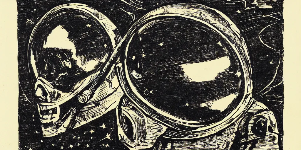 Image similar to etch portrait of a skull wearing a space helmet, in the style of goya etchings, scifi, big clouds visible in the background, stars in the sky, high contrast, deep black tones