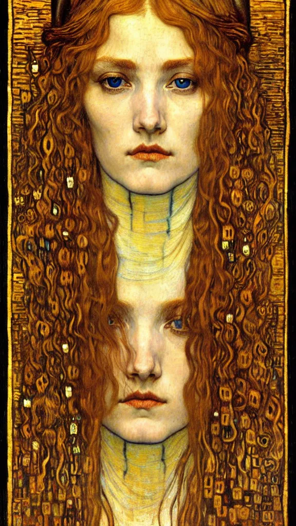 Image similar to detailed realistic beautiful young medieval queen face portrait by jean delville, gustav klimt and vincent van gogh, art nouveau, symbolist, visionary, gothic, pre - raphaelite, muted earthy colors, desaturated