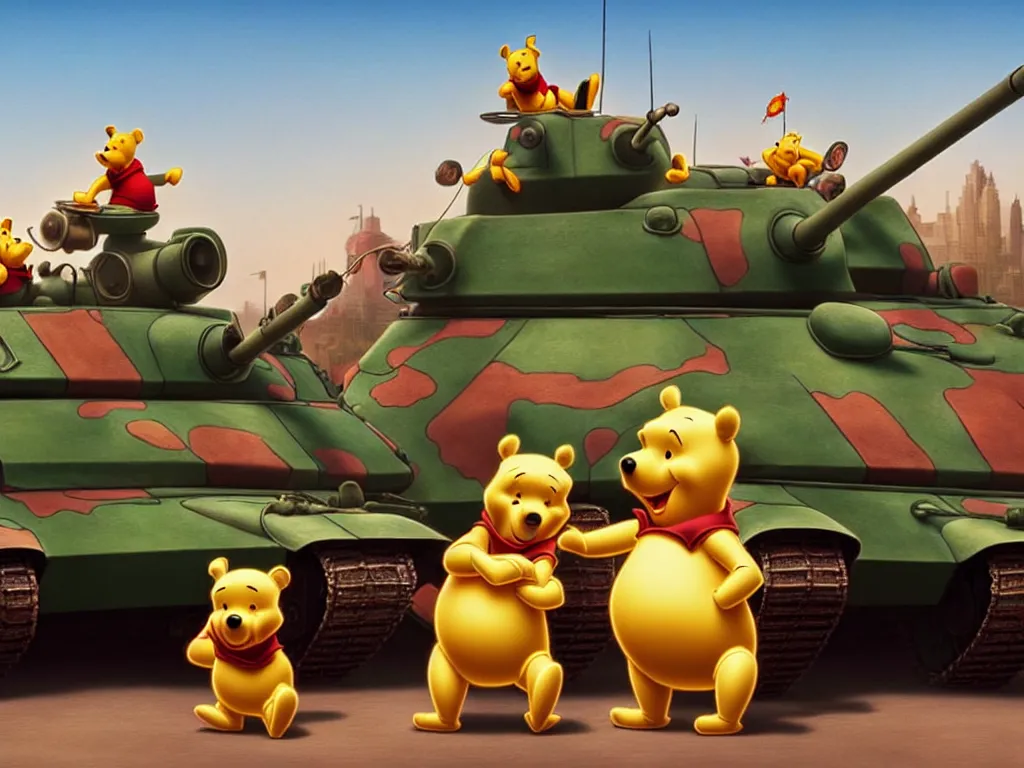 Prompt: winnie the pooh with tanks at tiananman square, cute and cuddly, highly detailed, photorealistic, octane render, 8 k, unreal engine. art by artgerm and greg rutkowski and alphonse mucha