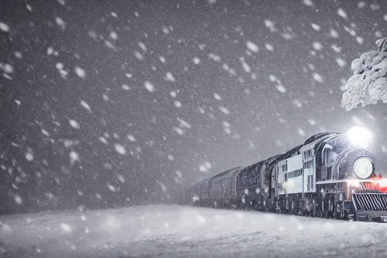 Prompt: an old locomotive rushing through snow storm in high speed, white steam on the side, dark smoke with fire from the pipes, dynamic angled shot, speed lines, fire particles and snowflakes everywhere, 8 k, hyperrealistic, ultra sharp, octane render, unreal engine, light breaks through the roofs, artstation, very detailed, 1 6 k, eerie moon eclipse cinematic scenery