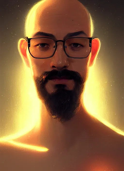 Prompt: portrait of man with glasses with and shaved head and beard, intricate, elegant, glowing lights, highly detailed, digital painting, artstation, concept art, smooth, sharp focus, illustration, art by wlop, mars ravelo and greg rutkowski