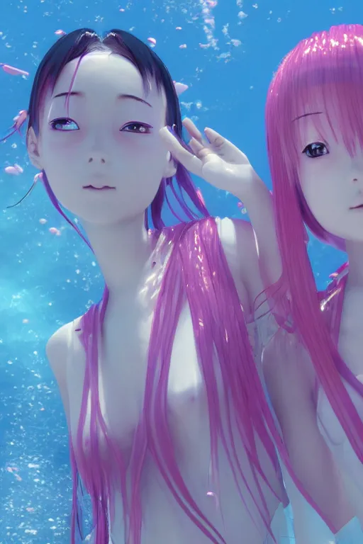 Prompt: 3d realistic dramatic infrared photo of two anime schoolgirls with a realistic face falling down from huge japanese bridge under water. Close-up portrait. There are pink palm trees and translucent glow jellyfish flying around. Volumetric composition. Pastel colors in the style of Hiro Kiyohara, redshift, octane, trend artstation, cinematic, hyper realism, high detail, 8k