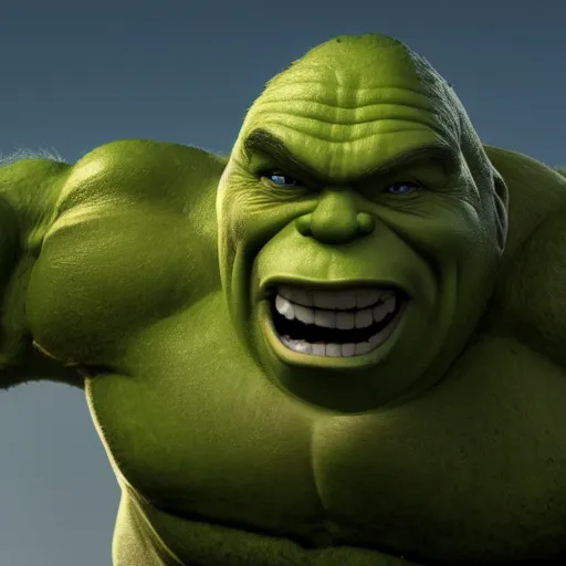 Image similar to shreck with hulk's body, realistic artstyle, wide shot, dramatic lighting, octane render, hyperrealistic, high quality, highly detailed, HD, beautiful, cinematic, 8k, unreal engine, facial accuracy, symmetrical