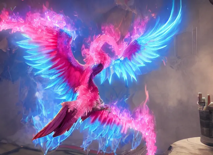 Image similar to pink and blue flaming phoenix, unreal engine 5, intricate, detailed, realistic