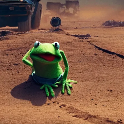 Image similar to kermit the frog in a scene from mad max