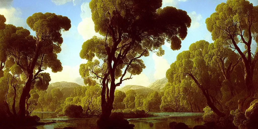 Prompt: landscape painting of a old blue gum tree next to a meandering river by alexei savrasov and thomas cole, artstation