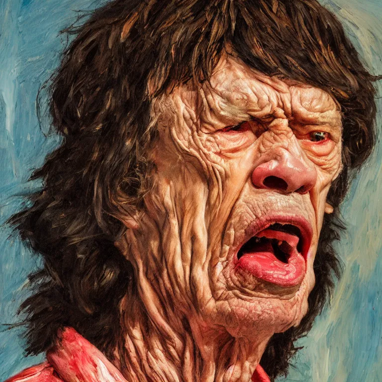 Prompt: warmly lit close up studio portrait of very old furiously angry!! Mick Jagger age 115 angrily singing, impasto oil painting thick brushstrokes by Cy Twombly and Elaine De Kooning , trending on artstation dramatic lighting Expressionism