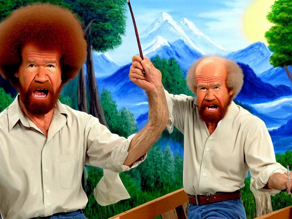 Image similar to old!!!! bob ross is sad and angry and yelling!!! at a huge painting of nature by bob ross