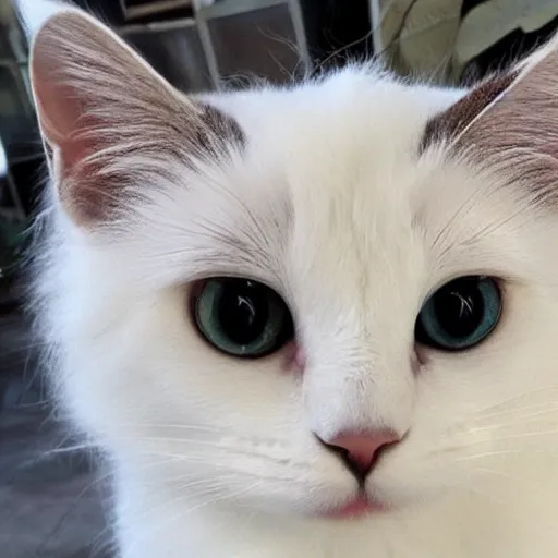 Prompt: cute white fluffy cat, large eyes, eats owner