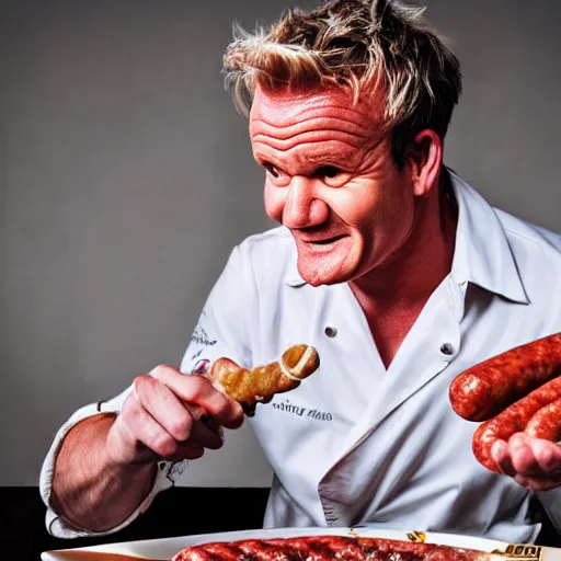 Prompt: gordon ramsey eating sausages with sauce and not liking it, high quality photograph, photorealist F1.8