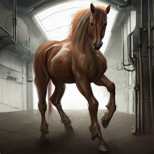 Image similar to an enormously muscular anthro horse sentinel in a research facility wearing a skintight body armor, long white mane, equine, anthro art, furaffinity, highly detailed, digital painting, artstation, concept art, illustration, art by artgerm, greg rutkowski, ruan jia