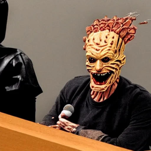 Image similar to beavis freddy krueger pinhead testifying in court, detailed faces