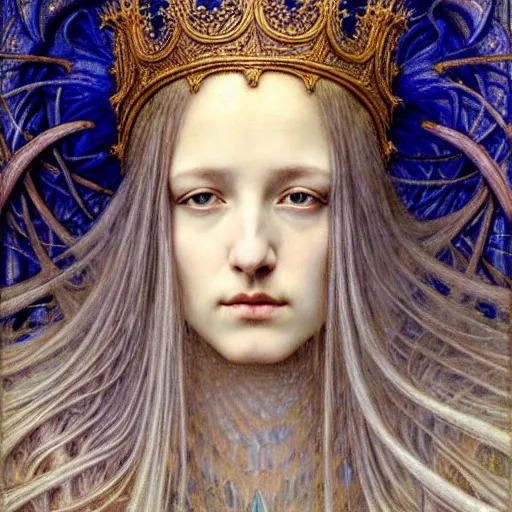 Image similar to detailed realistic beautiful young medieval queen face portrait by jean delville, gustave dore, iris van herpen and marco mazzoni, art nouveau, symbolist, visionary, gothic, pre - raphaelite, horizontal symmetry