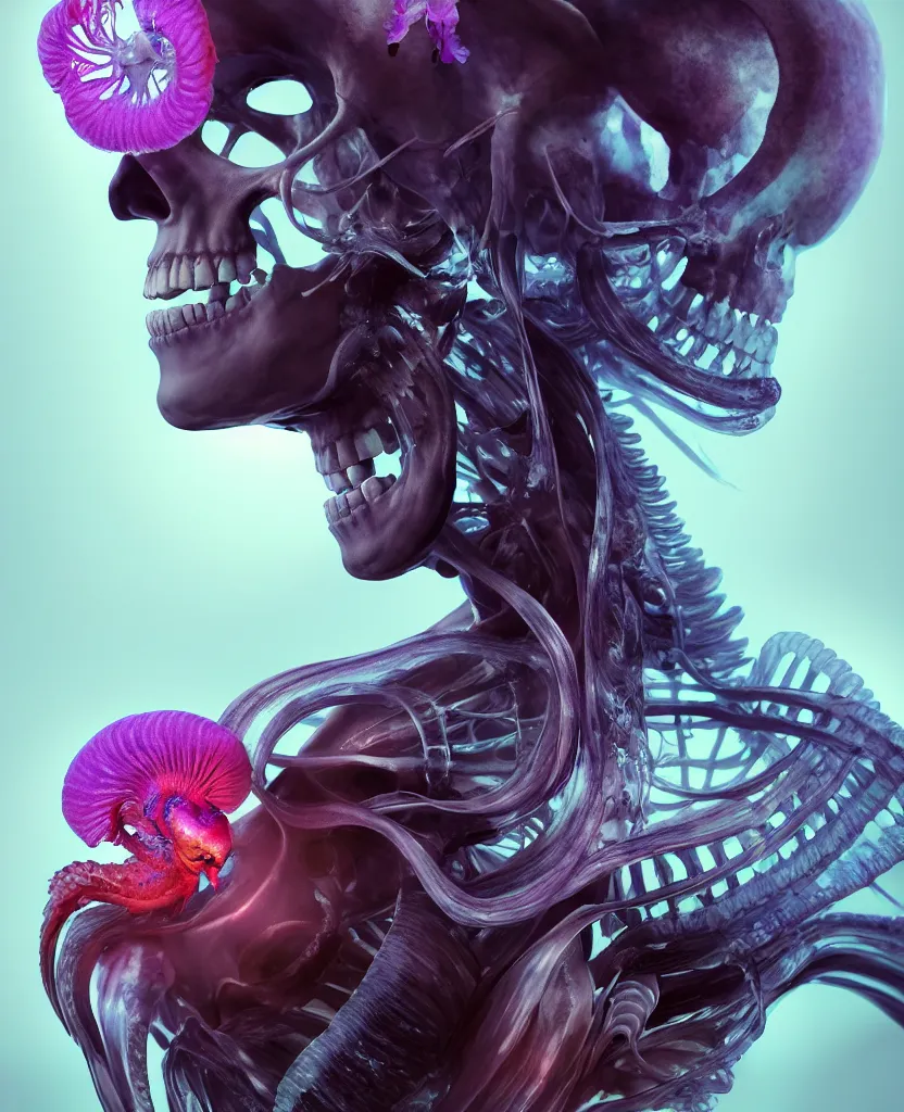 Image similar to goddess close - up portrait human skeleton, ram skull, squid phoenix jellyfish, orchid, betta fish, bioluminiscent, intricate artwork by tooth wu and wlop and beeple. octane render, trending on artstation, greg rutkowski very coherent symmetrical artwork. cinematic, hyper realism, high detail, octane render, 8 k