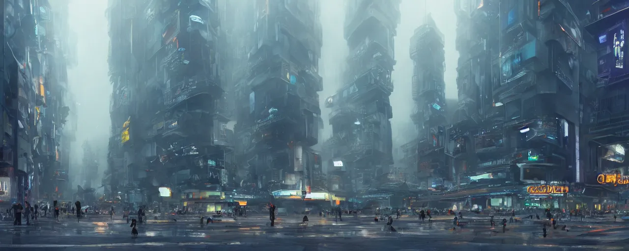 Image similar to close up ground level view of a futuristic bladerunner building and sidewalk busy with activity with of signages and billboards street venders and carts aliens and people with a floating cars on the streets by craig mullins, neil blevins, dylan cole, james paick, hyper realistic, night, environment fog, cinematic lighting, 8 k, vray render, artstation, deviantart,