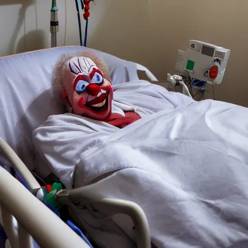 Image similar to delirious elderly clown supine in hospital bed, strapped into bed with restraints, trying to get out but unsuccessful, photograph, 8 k