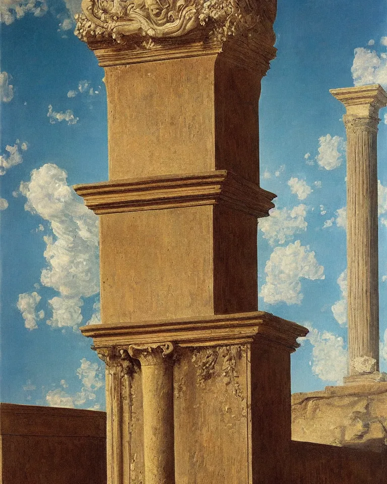 Image similar to achingly beautiful painting of intricate ancient roman corinthian capital on sherbet background by rene magritte, monet, and turner. giovanni battista piranesi.