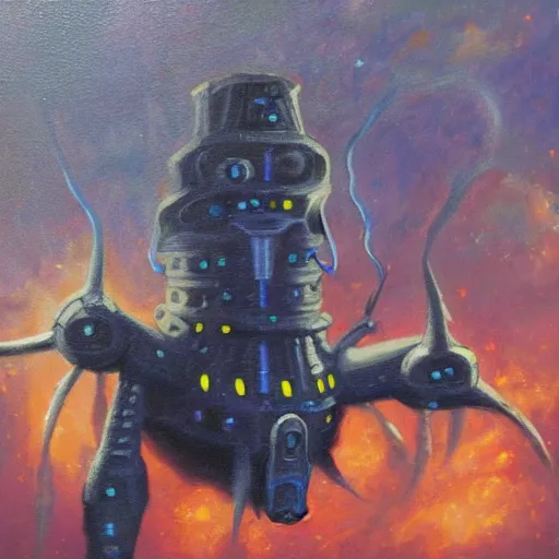 Image similar to A small spaceship fires its entire arsenal at an eldritch abomination with facial features. Oil painting.