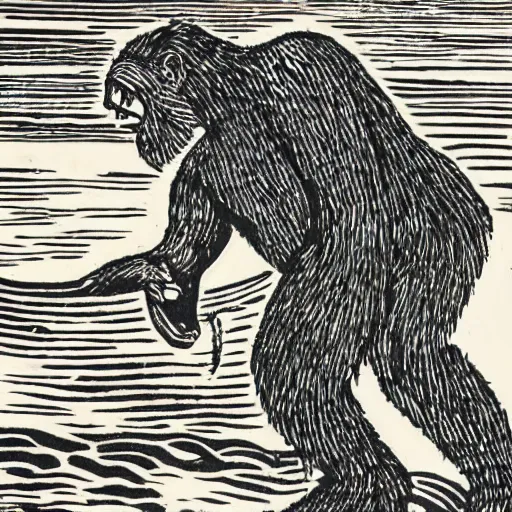 Prompt: a detailed woodcut of Sasquatch surfing in Hawaii