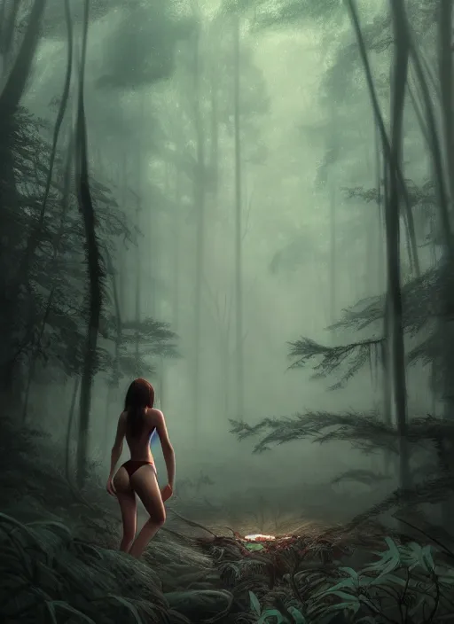 Prompt: a beautiful brown - haired young woman with a bikini in horror forest, intricate, elegant, highly detailed, digital painting, artstation, concept art, smooth, sharp focus, illustration, ethereal, misty, by ilya kuvshinov and jeremy mann, 8 k, octane render