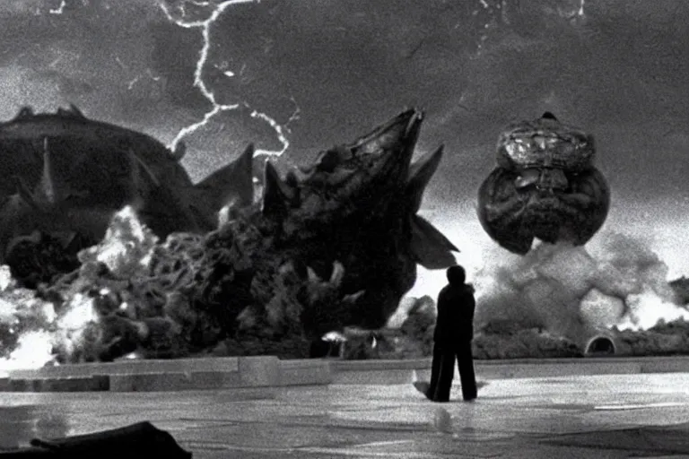 Image similar to a filmstill of Kim Jong-il looking at Starro Kaiju monster destroying Pyongyang, in Stalker (1979) by Andreï Tarkovski, traditional Korean city, palace, epic ultrawide shot, cinémascope