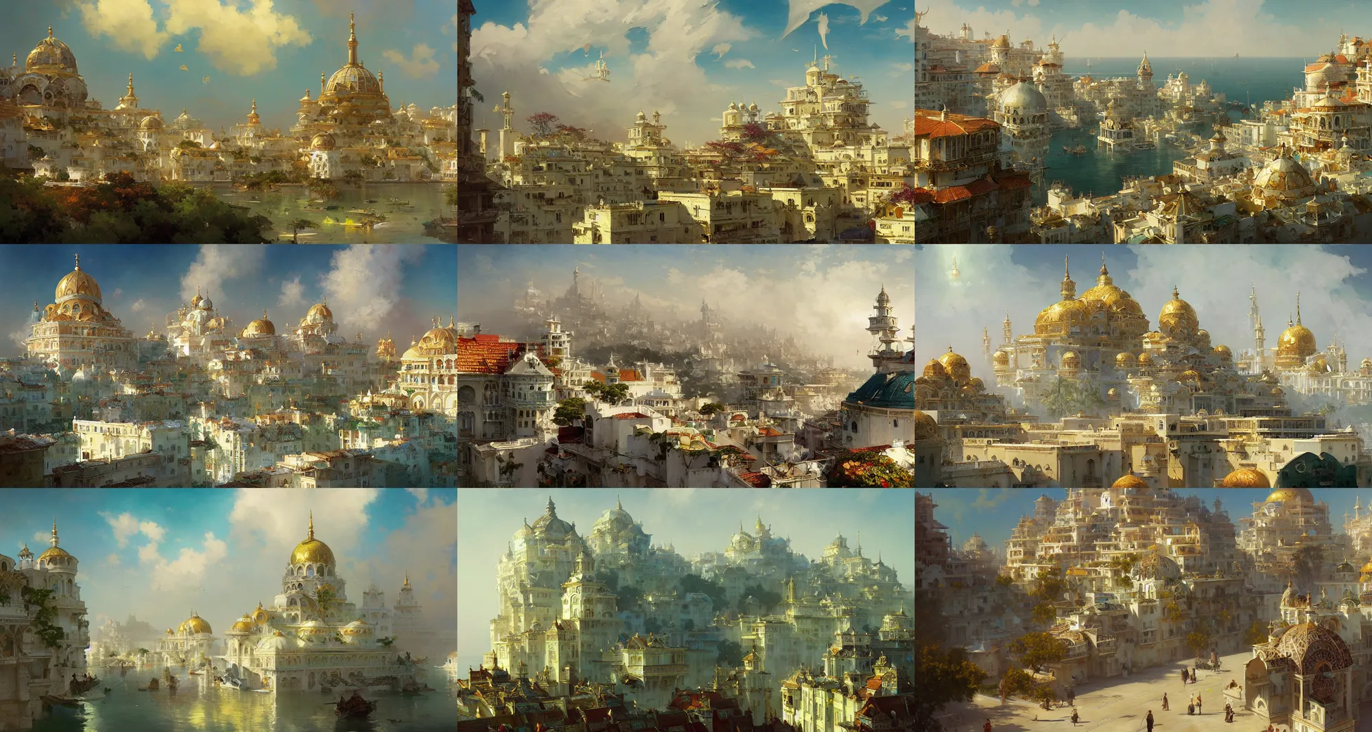 Prompt: coastal city, white buildings with golden roofs, rich greenery, islamic architecture, fantasy, art by joseph leyendecker, peter mohrbacher, ivan aivazovsky, ruan jia, reza afshar, marc simonetti, alphonse mucha