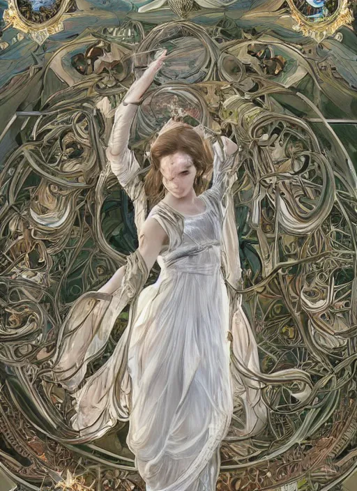 Image similar to Emma Watson photo photorealistic photograph as God of Beautifully, full body shot, cute, fantasy, intricate, elegant, highly detailed, digital painting, 4k, HDR, concept art, smooth, sharp focus, illustration, art by alphonse mucha,artgerm, H R Giger