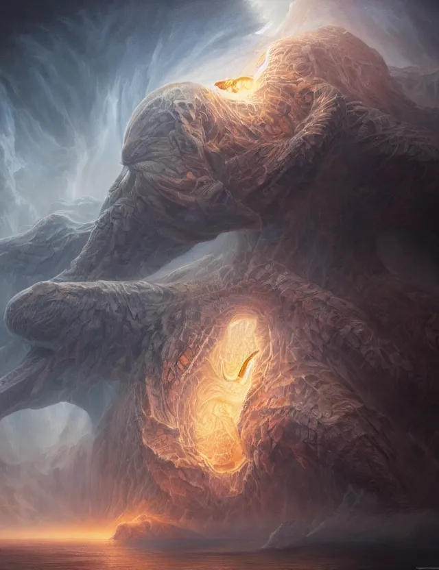 Image similar to A terrifying giant monster made of soft gel, dramatic atmosphere, masterpiece digital painting by Alex Grey, Greg Rutkowski, 4k wallpaper