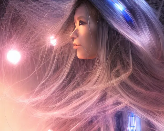 Image similar to glowing hair, supercomputer complex cybernetic beings, beautiful hairy humanoids, cybergods, cybermagnetosphere, cybernetic civilizations, ornate hair, love, joy, vortexes, large arrays, data holograms, 8 k, cinematic light shadows, wet hdr refractions