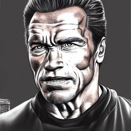 Image similar to portrait arnold schwarzenegger by yusuke murata and masakazu katsura, artstation, highly - detailed, cgsociety, pencile and ink, city in the background, dark colors, intricate details h 7 0 4