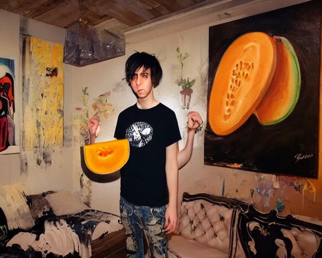 Prompt: a painting of an emo teenager wearing a shirt with a cantaloupe on it, at a super cool house party, unreal engine, atmospheric, hip, cool, college party