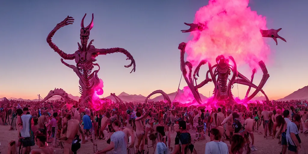 Prompt: a giant pink xenomorph statue in the middle of crowd of ravers dancing at Burning Man in the desert, sunset, hd 35mm photography, big clouds, cinematic