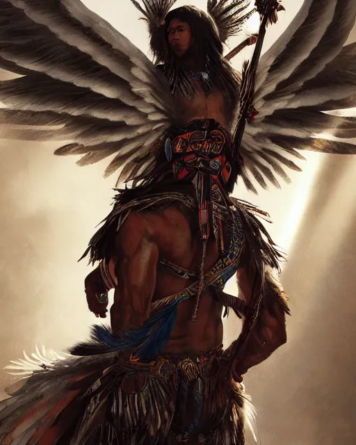 Image similar to a south american indigenous warrior with angelic wings, by tsuyoshi nagano, by greg rutkowski, dramatic lighting, blood, god rays, angelical, symmetrical, intricate, detailed, cinematic, masterpiece, extreme details, ray tracing