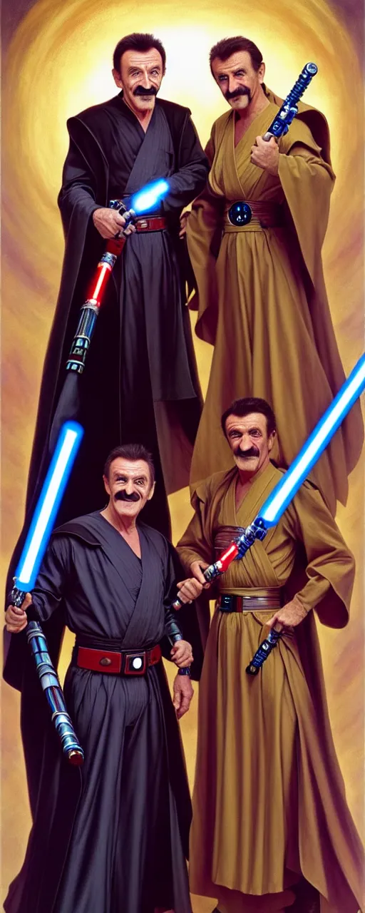 Prompt: full body photo of paul chuckle standing next to barry chuckle dressed as jedi knights holding lightsabers, intricate, elegant, highly detailed, cinestill, digital painting, artstation, led dramatic lighting, concept art, matte, sharp focus, illustration, art by da vinci, artgerm and greg rutkowski and alphonse mucha